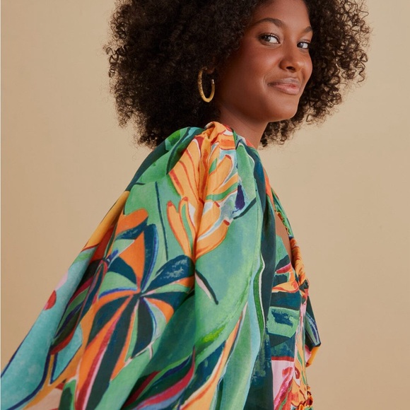 Farm Rio Banana Foliage Multicolor Puff-Sleeve Voile Midi-Dress NWT Size Small - Picture 4 of 14